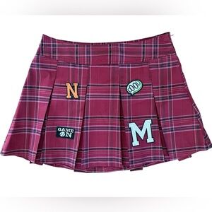 Collegiate Plaid Pleated Mini Skirt with Patches- Size Juniors 11-13